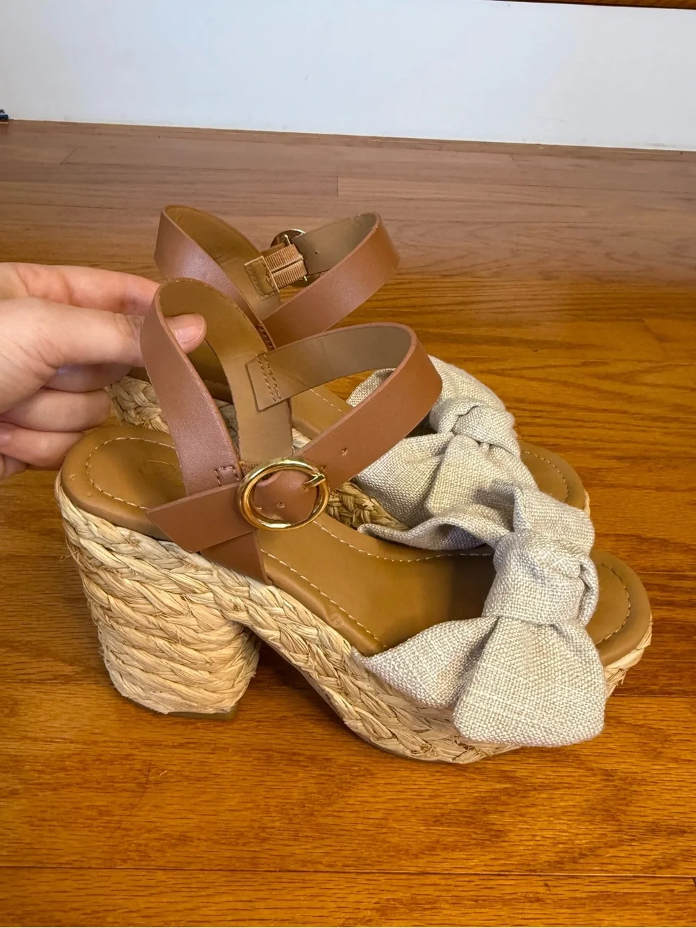 Pink Lily Natural Linen Bow Raffia Platform Wedge Heels Ankle Strap Sandals